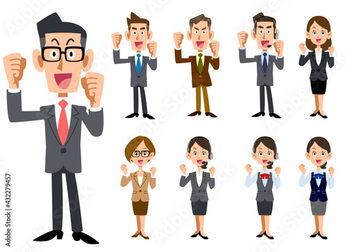 やる気のあるポーズを見せる会社員の男女の全身セット
