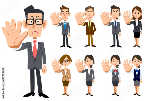 制止する会社員の男女の全身セット
