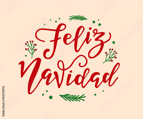 Merry Christmas Spanish Lettering. Feliz Navidad text on vintage greeting card design template with typography on white grunge paper texture. Retro letterpress poster Merry Christmas. Festive vector
