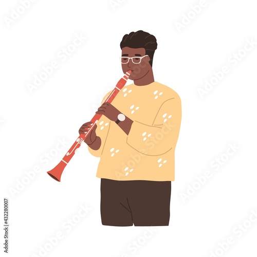 Modern musician playing clarinet. Black-skinned clarinetist performing jazz music on woodwind instrument. Afro-American instrumentalist. Colored flat vector illustration isolated on white background