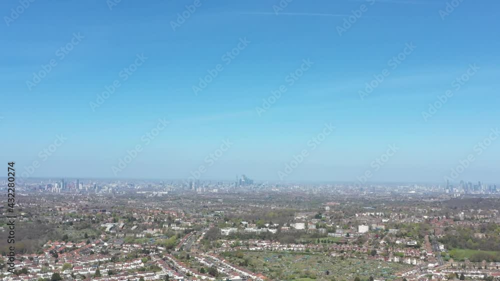 High slider drone shot of London skyline from Croydon High slider drone shot of London skyline from Croydon