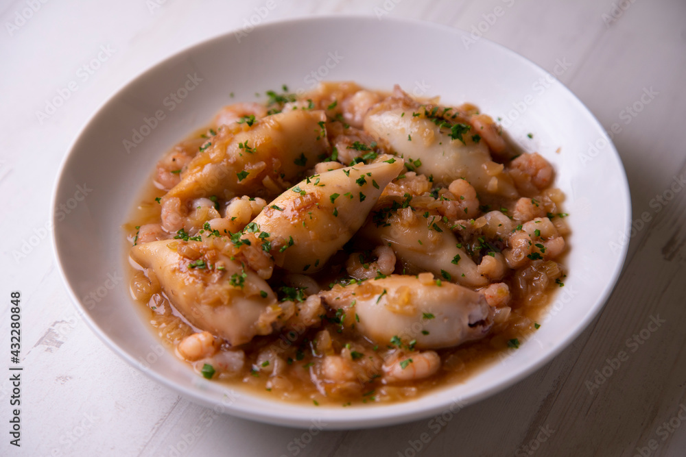 Squid stew. Traditional tapas from southern Spain in a fishing village.