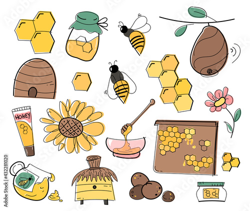 A set of propolis and honey. Honeycombs bee hives and honey products. Vector illustration isolated on white background.