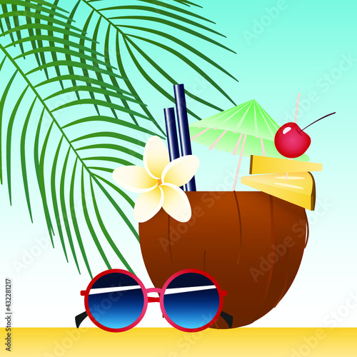Tropical cocktail in coconut, decorated with flower, fruit and sunglasses.  