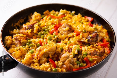 Traditional paella from a restaurant in the famous Rambla de Barcelona. Cooked with vegetables and chicken.