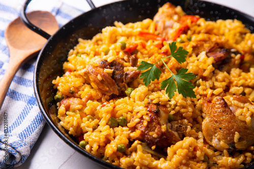 Photography Traditional paella from a restaurant in the famous Rambla de Barcelona