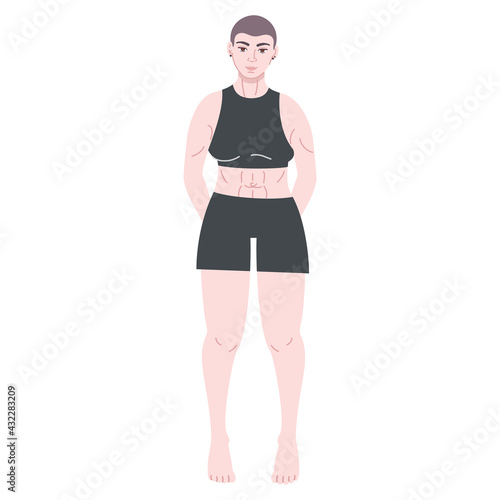 Full length portrait of muscular lesbian woman with bald head