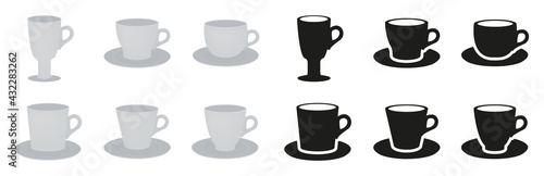 Set of cups and mugs in flat style and silhouettes. Vector illustration of drinking utensils.