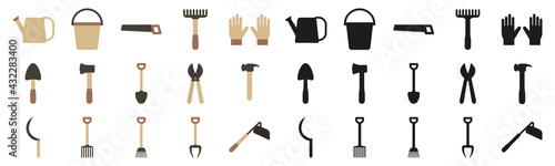 A set of garden tools in a flat style and silhouettes. Vector illustration of a rake, gloves, shovel, pruner and watering can.