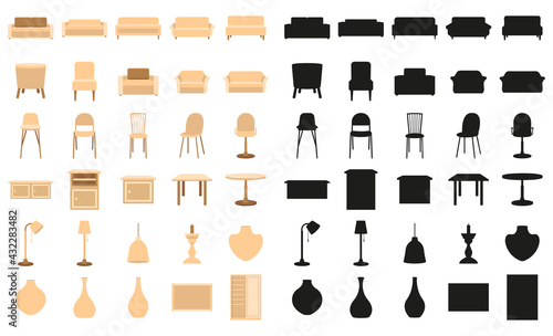 Interior elements in flat style and silhouettes. Vector illustration of furniture.
