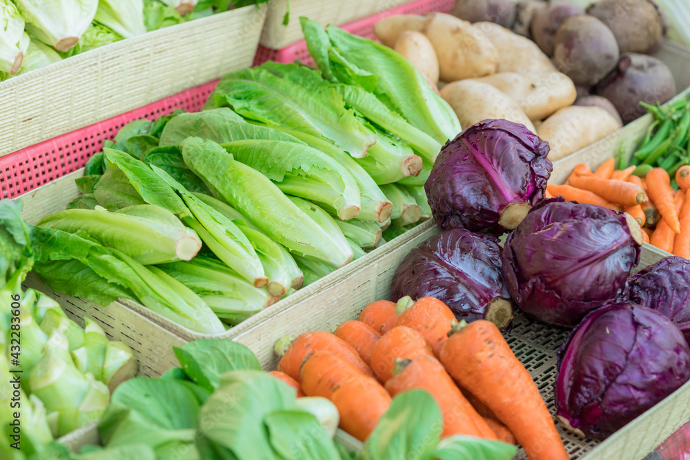 Mix colors fresh vegetable sale in the market, colorful salad cabbage carrot organic healthy food.