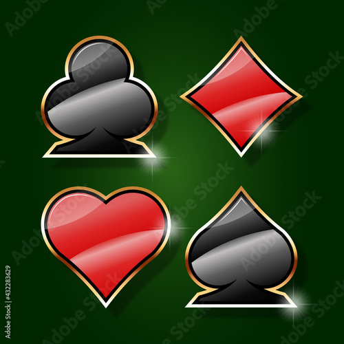 Casino vector suits with golden elements on dark green background. Hearts, Diamonds, Clubs, Spades