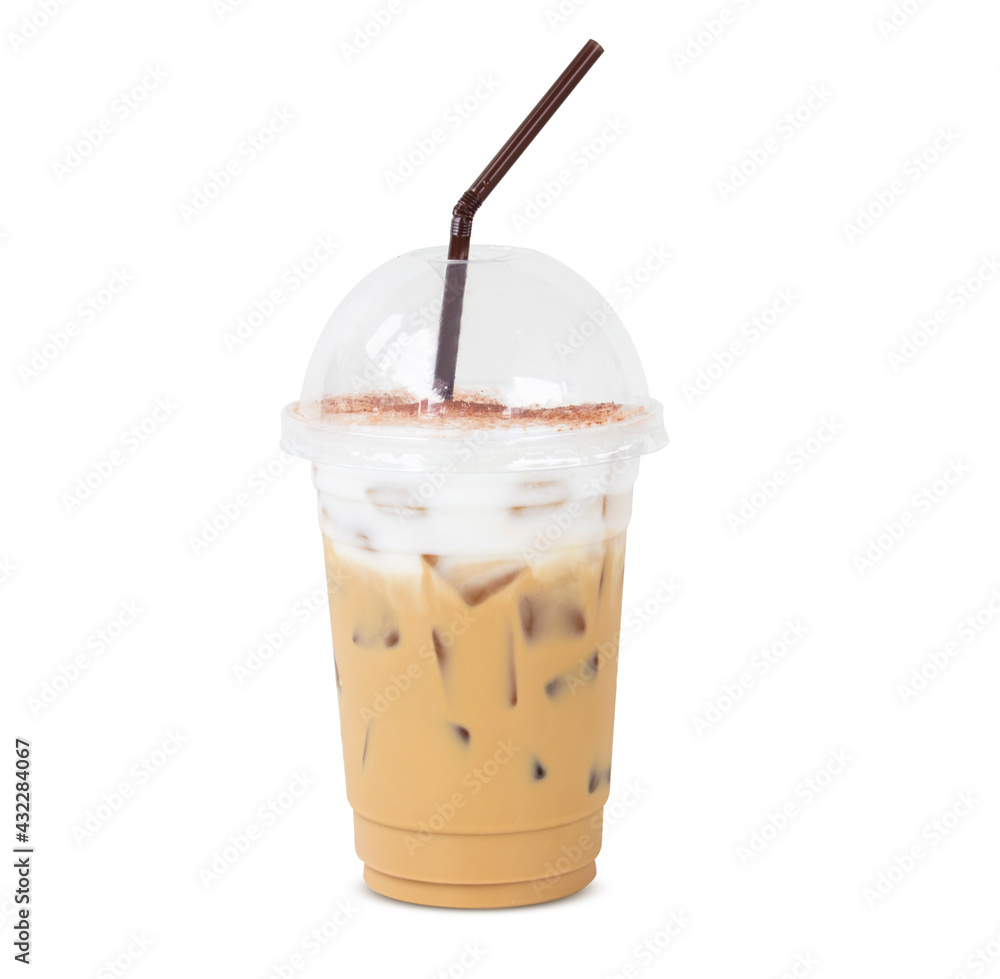 Menu iced coffee latte cappuccino with ice in glass. Add the milk foam and cocoa powder to sprinkle. isolated on white background. clipping path. Menu iced coffee latte cappuccino with ice in glass. Add the milk foam and cocoa powder to sprinkle. isolated on white background. clipping path.