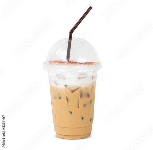 Menu iced coffee latte cappuccino with ice in glass. Add the milk foam and cocoa powder to sprinkle.  isolated on white background. clipping path.