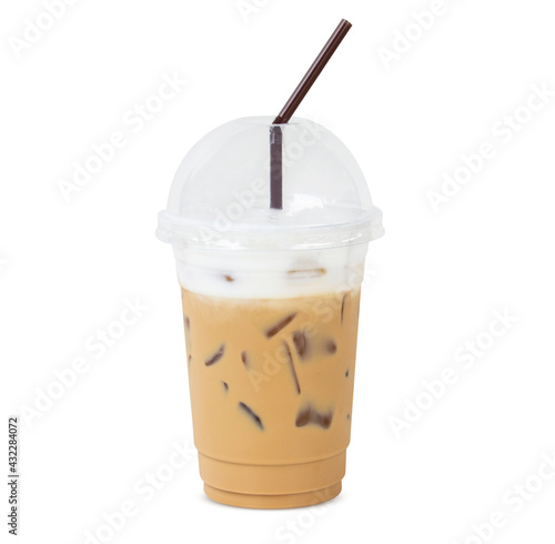 Menu iced coffee latte cappuccino with ice in glass. Add the milk foam and cocoa powder to sprinkle.  isolated on white background. clipping path.