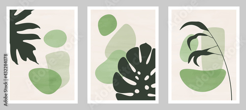 Set of abstract art nature backgrounds. Modern shape line art,  foliage, botanical, tropical leaves floral design for cover, wallpaper,  home decoration, wall art.