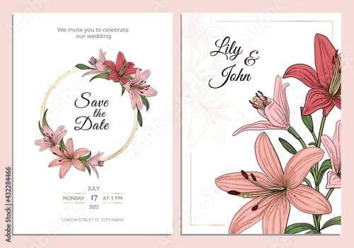 Pink lily wedding invitation card template design, lilies flowers and leaves with gold frame vintage linear art sketch style vector illustration. Flower of Lilium candidum, Madonna lily.