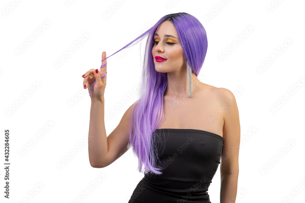 Portrait of beautiful young girl with fancy bright make-up and violet wig isolated on white background Portrait of beautiful young girl with fancy bright make-up and violet wig isolated on white background