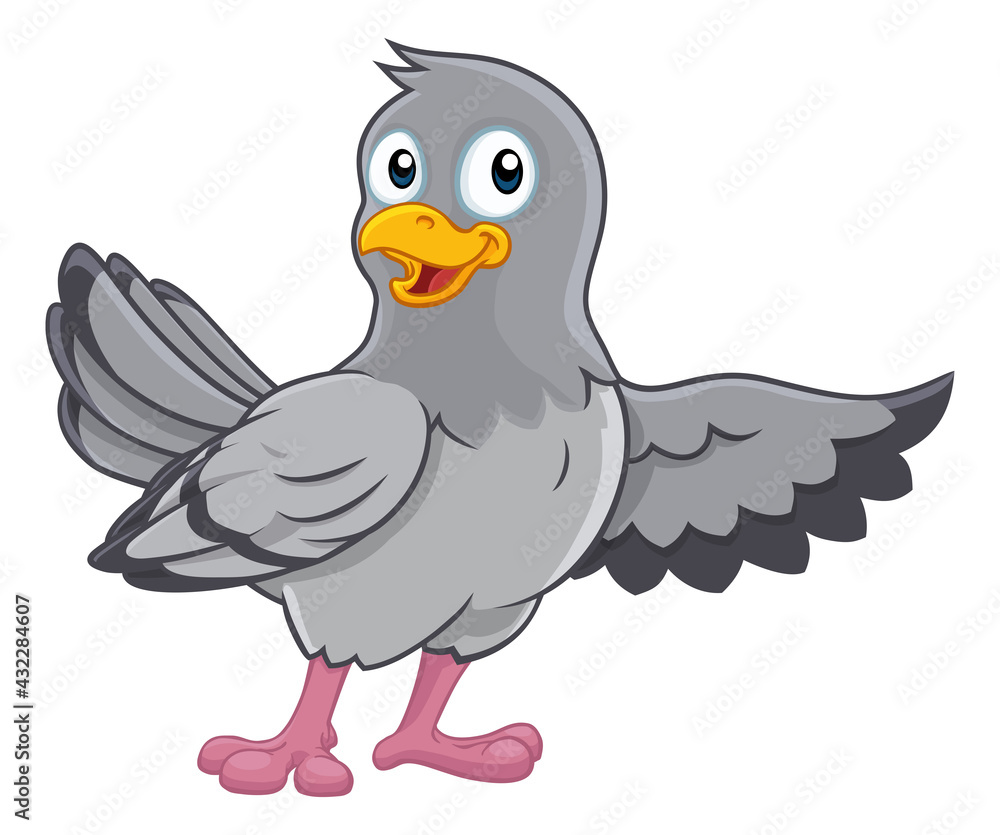 Pigeon Cute Cartoon Dove Bird Pointing With Wing Pigeon Cute Cartoon Dove Bird Pointing With Wing