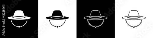 Set Camping hat icon isolated on black and white background. Beach hat panama. Explorer travelers hat for hunting, hiking, tourism. Vector