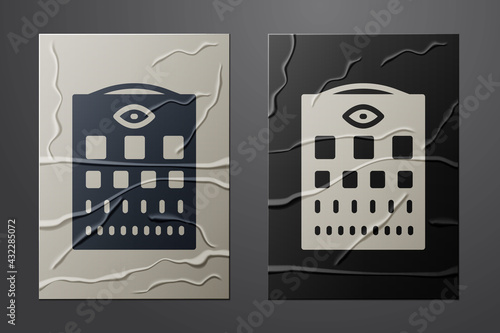 White Eye test chart icon isolated on crumpled paper background. Poster for vision testing in ophthalmic study. Snellen chart. Paper art style. Vector