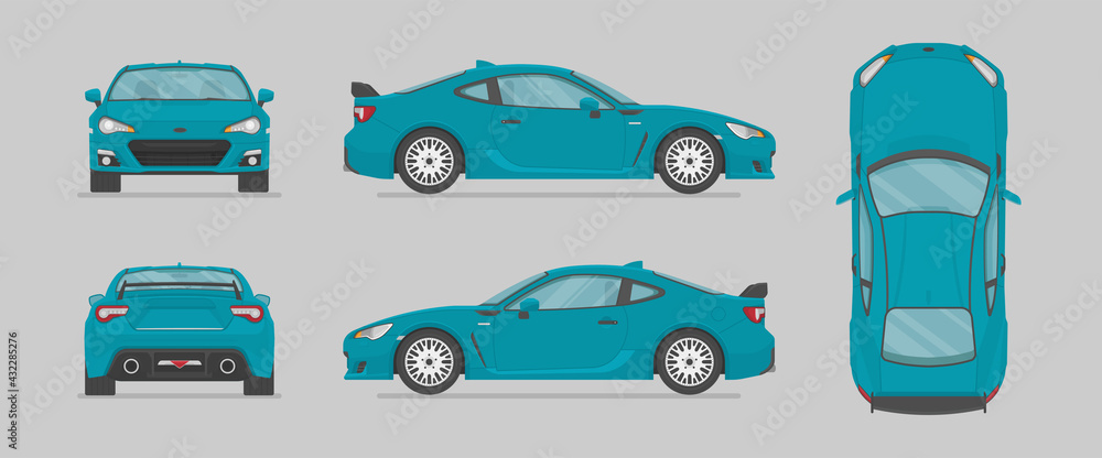 Vector blue sport car. Side view, front view, back view, top view