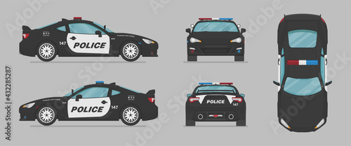 American police sport car. Side view, front view, back view, top view. Cartoon flat illustration, auto for graphic and web