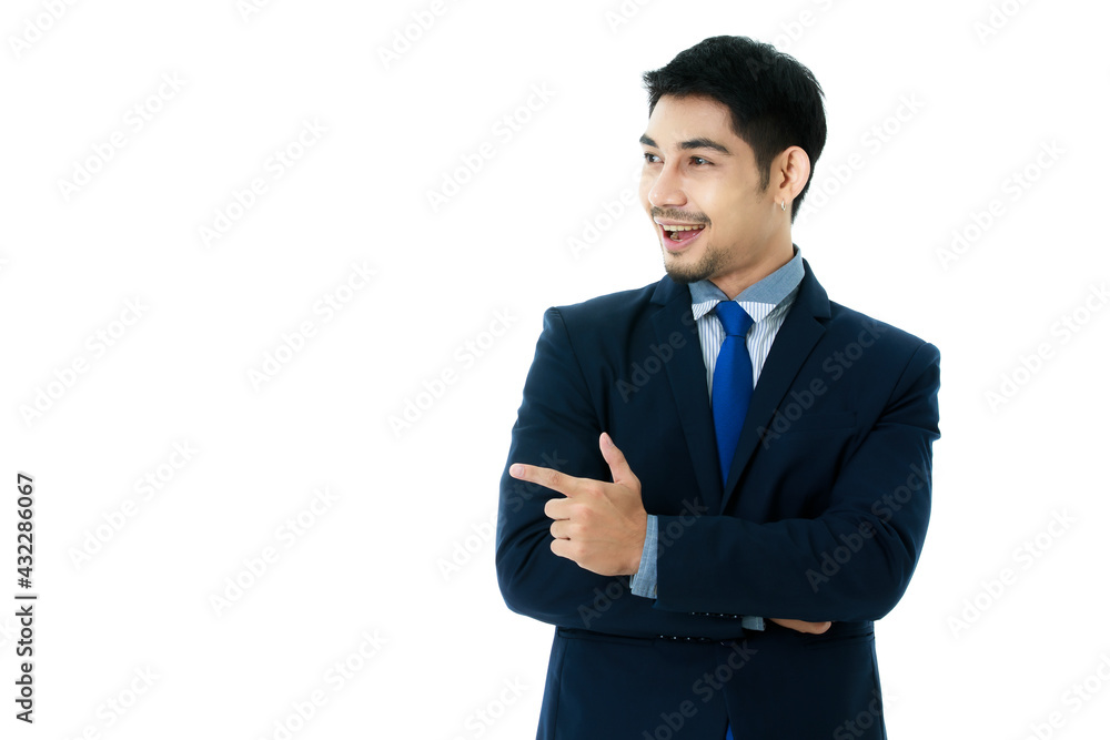 Portrait of cheerful young Asian businessman pointing finger to the side blank space isolated on white background. Studio shot, business and success concept. Portrait of cheerful young Asian businessman pointing finger to the side blank space isolated on white background. Studio shot, business and success concept.