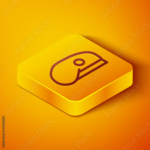 Isometric line Military beret icon isolated on orange background. Soldiers cap. Army hat. War baret. Yellow square button. Vector