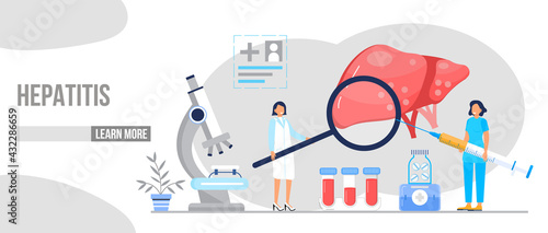 Hepatology concept vector for medical website, landing page. Concept of hepatitis A, B, C, D, cirrhosis, world hepatitis day. Tiny doctors treat liver.