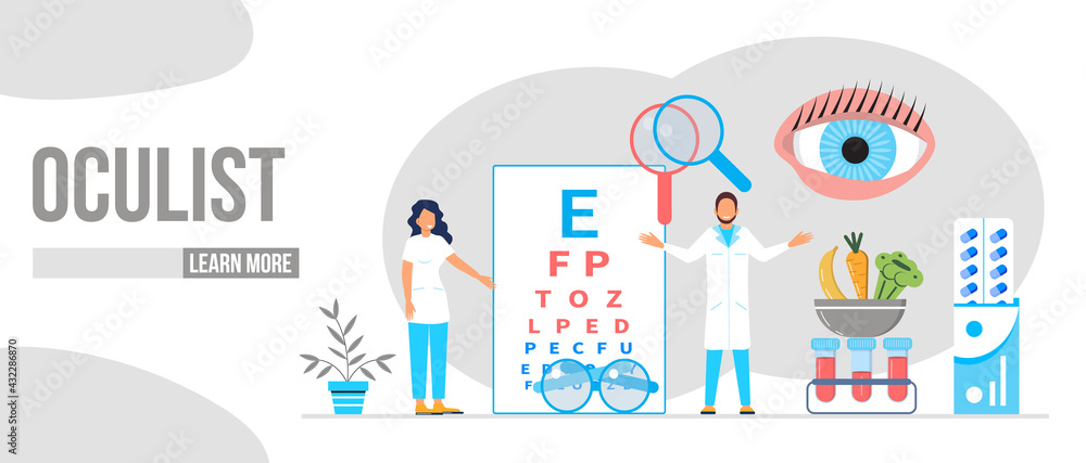 Eye doctor, oculist concept for health care banner, mobile website. Glaucoma treatment concept vector. Medical ophthalmologist eyesight check up with tiny people. Myopia concept vector