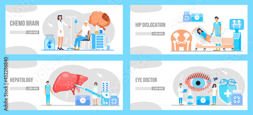 Medical ophthalmologist eyesight check up. Conjunctivitis concept vector. Rheumatoid arthritis of foot. Tiny doctors treat rheumatism, osteoarthritis. Concept of hepatitis A, B, C, D, cirrhosis.