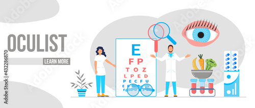 Eye doctor, oculist concept for health care banner, mobile website. Glaucoma treatment concept vector. Medical ophthalmologist eyesight check up with tiny people. Myopia concept vector