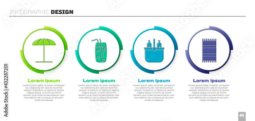 Set Sun protective umbrella for beach, Cocktail and alcohol drink, Cooler bag and water and Beach towel. Business infographic template. Vector