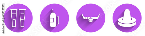 Set Crutch or crutches, Fitness shaker, Ice hockey sticks and puck and Mallet for playing air hockey icon with long shadow. Vector