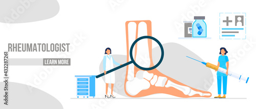 Rheumatoid arthritis of the foot. Tiny doctors treat rheumatism, osteoarthritis, make ultrasound, x ray. World arthritis day in October. Flat concept vector for landing page, banner