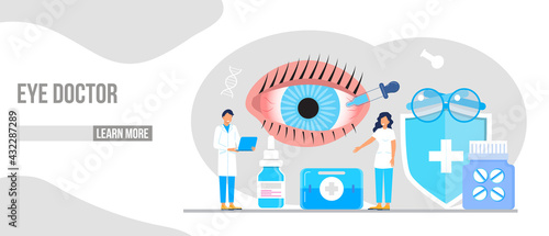 Eye doctor, oculist concept for health care banner, mobile website. Glaucoma treatment concept vector. Medical ophthalmologist eyesight check up with tiny people. Myopia concept vector