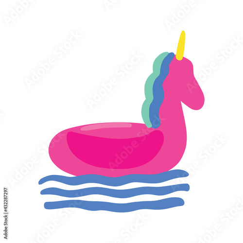 Pink colored edinicorn shaped rubber swimming circle, cartoon inflatable swimming accessories hand drawn vector illustration 