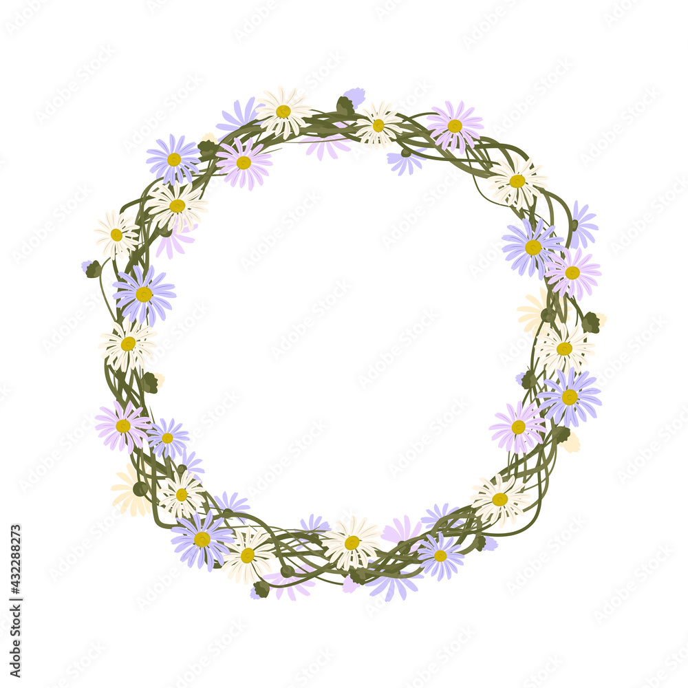 Daisy wreath. Round frame, cute purple and white flowers chamomile with yellow hearts. Festive decorations for wedding, holiday, postcard, poster and design.