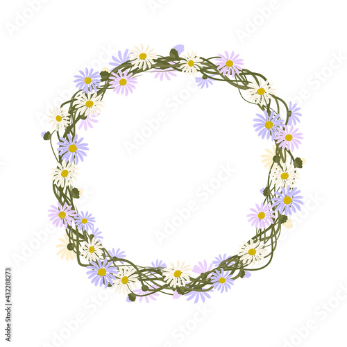 Daisy wreath. Round frame, cute purple and white flowers chamomile with yellow hearts. Festive decorations for wedding, holiday, postcard, poster and design.