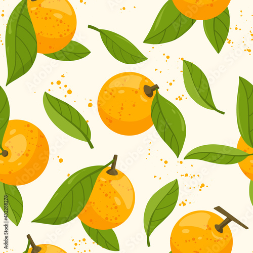 Seamless pattern with orange fruits and green leaves isolated on white background. Fresh citrus. Exotical tropical plant.  Modern design for wrapping paper, print or textile. Flat vector illustration.