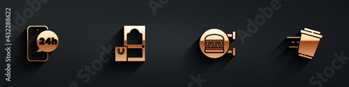 Set Food ordering, Online and delivery, burger and Coffee cup to go icon with long shadow. Vector