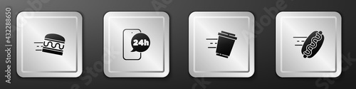 Set Online ordering burger delivery, Food, Coffee cup to go and hotdog icon. Silver square button. Vector