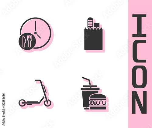 Set Paper glass and burger, Round the clock delivery, Scooter and Online ordering icon. Vector