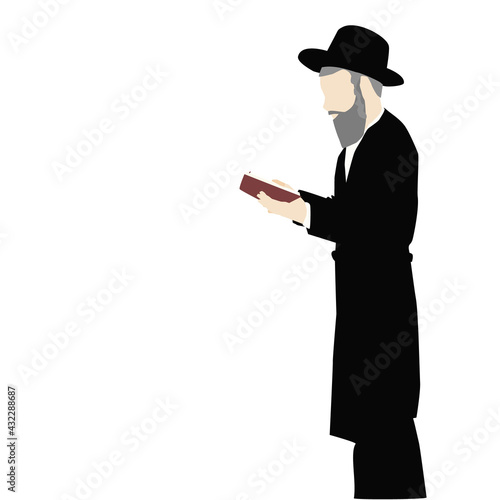 Vector drawing of a praying Jew, an isolated Hasidic, ultra-Orthodox figure, observant of Torah and mitzvos, holding a prayer book in his hand.
Bearded silver hair and curly Payot long black suit