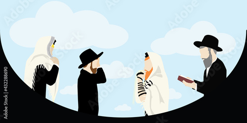 Jewish prayer. Four figures of Hassidic religious ultra-Orthodox men pray. With a tallit and tefillin, he kisses the tassel, says Shema Yisrael, arranges the tallit, and holds a prayer book. vector