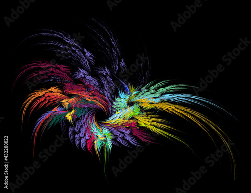 Colorful feathers are woven into a wreath and diverge in different directions on a black background. Element of graphic design. Abstract fractal background. 3d rendering, 3d illustration.
