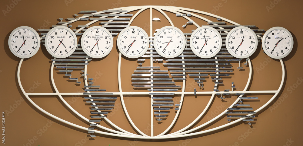 Time zone clocks showing different times Stock Photo | Adobe Stock