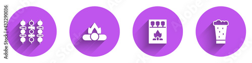 Set Grilled shish kebab, Campfire, Matchbox and matches and Glass of beer icon with long shadow. Vector