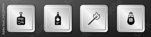 Set Cutting board, Tabasco sauce, Burning match with fire and Salt icon. Silver square button. Vector